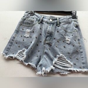 NWT Distressed Studded Blue Jean Shorts. Sizes S,L,XL,XXL available.